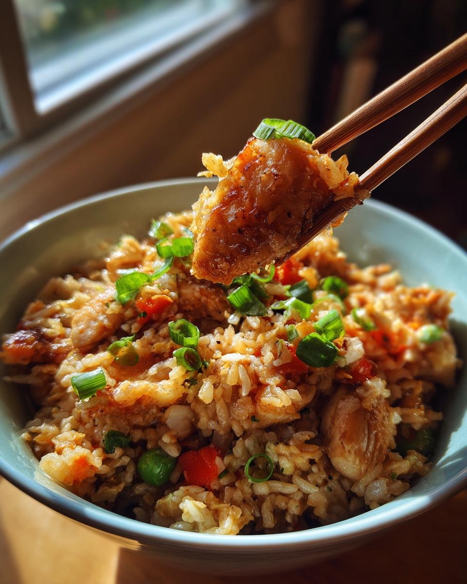 Bowl of Garlic Chicken Fried Rice with a piece of chicken held up by chopsticks, garnished with green onions.