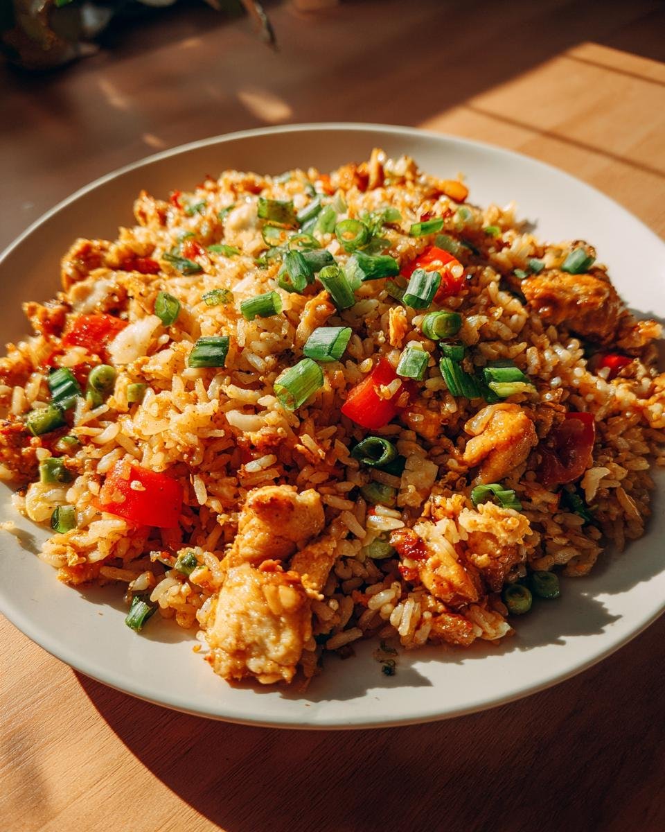 A plate of homemade Garlic Chicken Fried Rice, garnished with green onions and diced tomatoes.