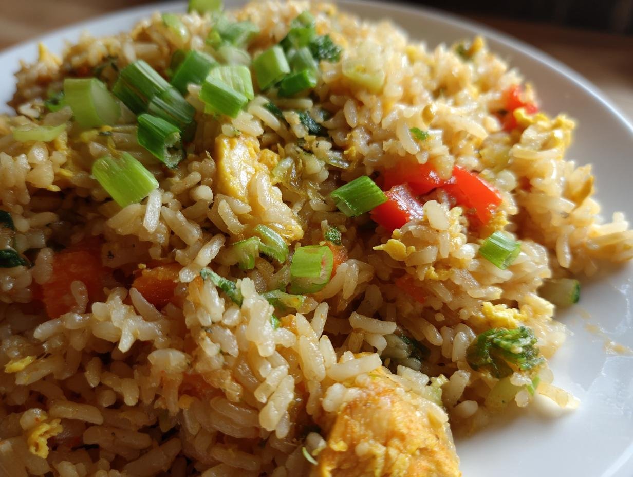 A plate of flavorful Garlic Chicken Fried Rice with vegetables and green onion garnish.