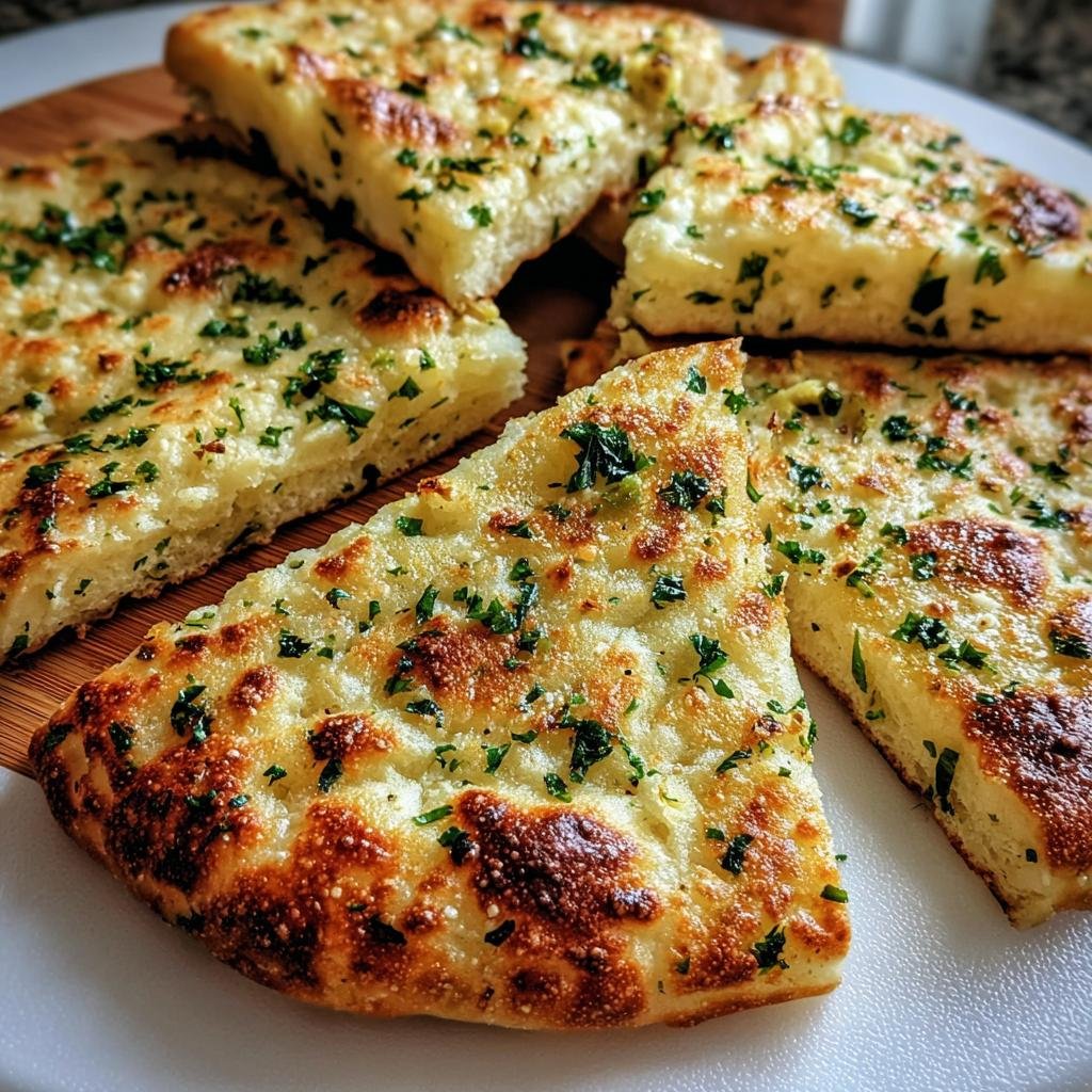 Close-up of Garlic Keto Flatbread slices, topped with garlic and herbs, on a white plate.
