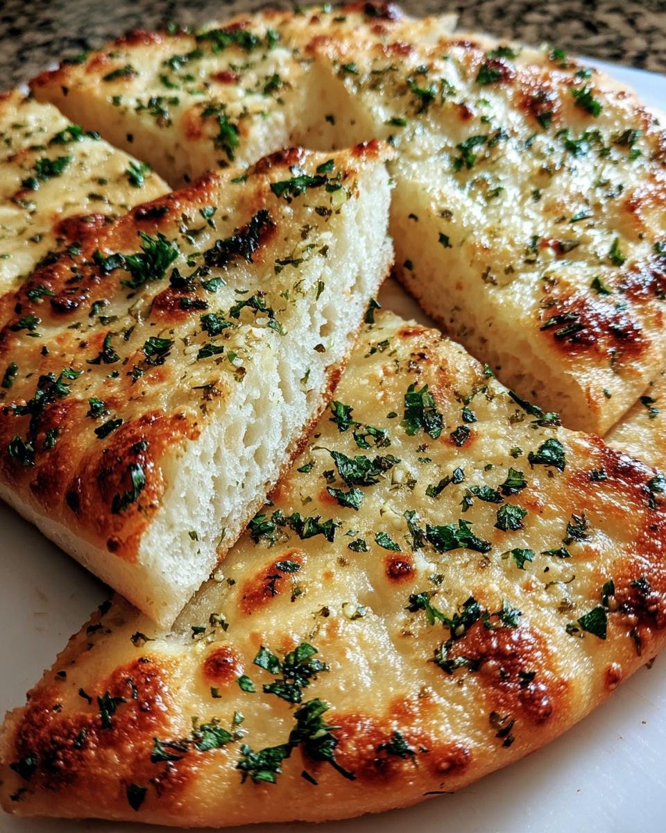 Close-up of sliced Garlic Keto Flatbread, topped with garlic and herbs. Golden brown and ready to eat.