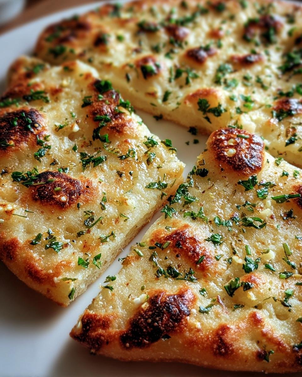 Close-up of sliced Garlic Keto Flatbread, showing the golden crust, garlic pieces, and fresh parsley garnish.