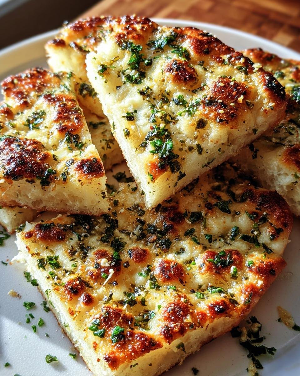 Close-up of Garlic Keto Flatbread slices, showcasing the golden crust, garlic, and herb topping.
