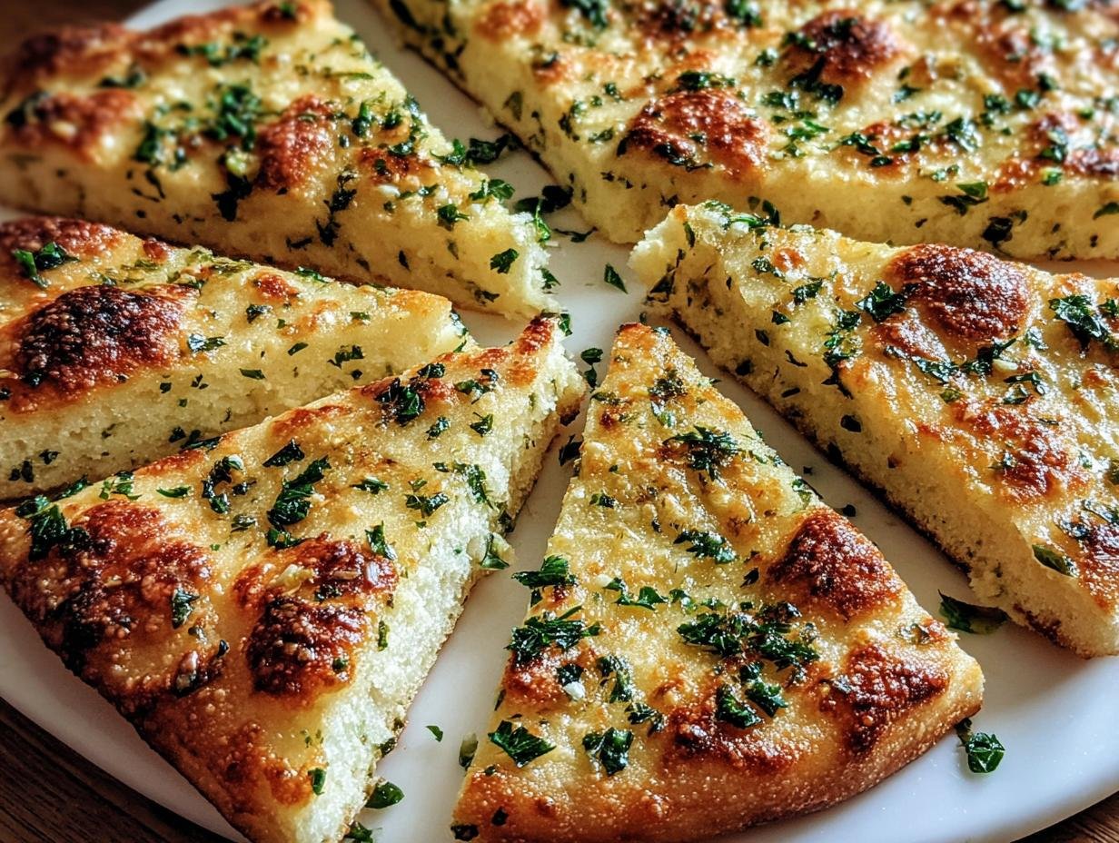 Slices of golden-brown Garlic Keto Flatbread, topped with herbs, on a white plate.