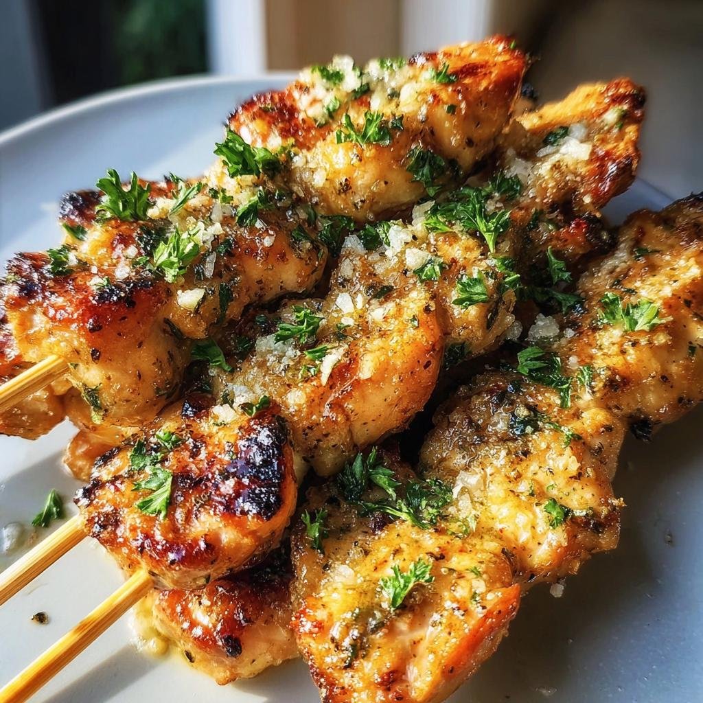 Close-up of Garlic Parmesan Chicken Skewers, grilled and topped with fresh parsley and parmesan cheese.