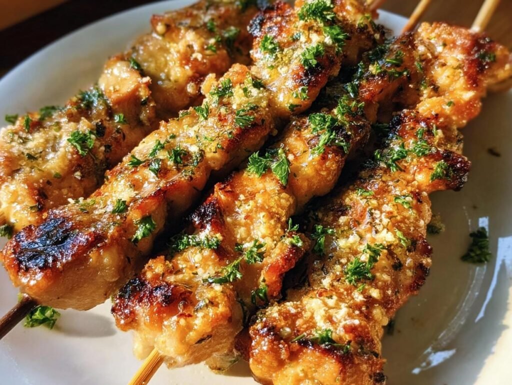 Close-up of Garlic Parmesan Chicken Skewers, grilled and garnished with fresh parsley.