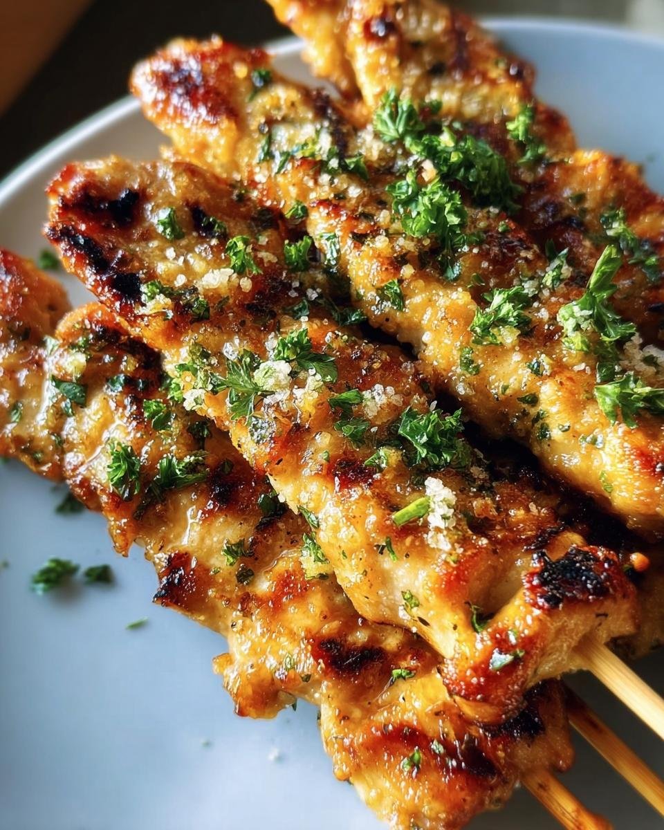 Close-up of Garlic Parmesan Chicken Skewers, grilled and garnished with parsley and parmesan.