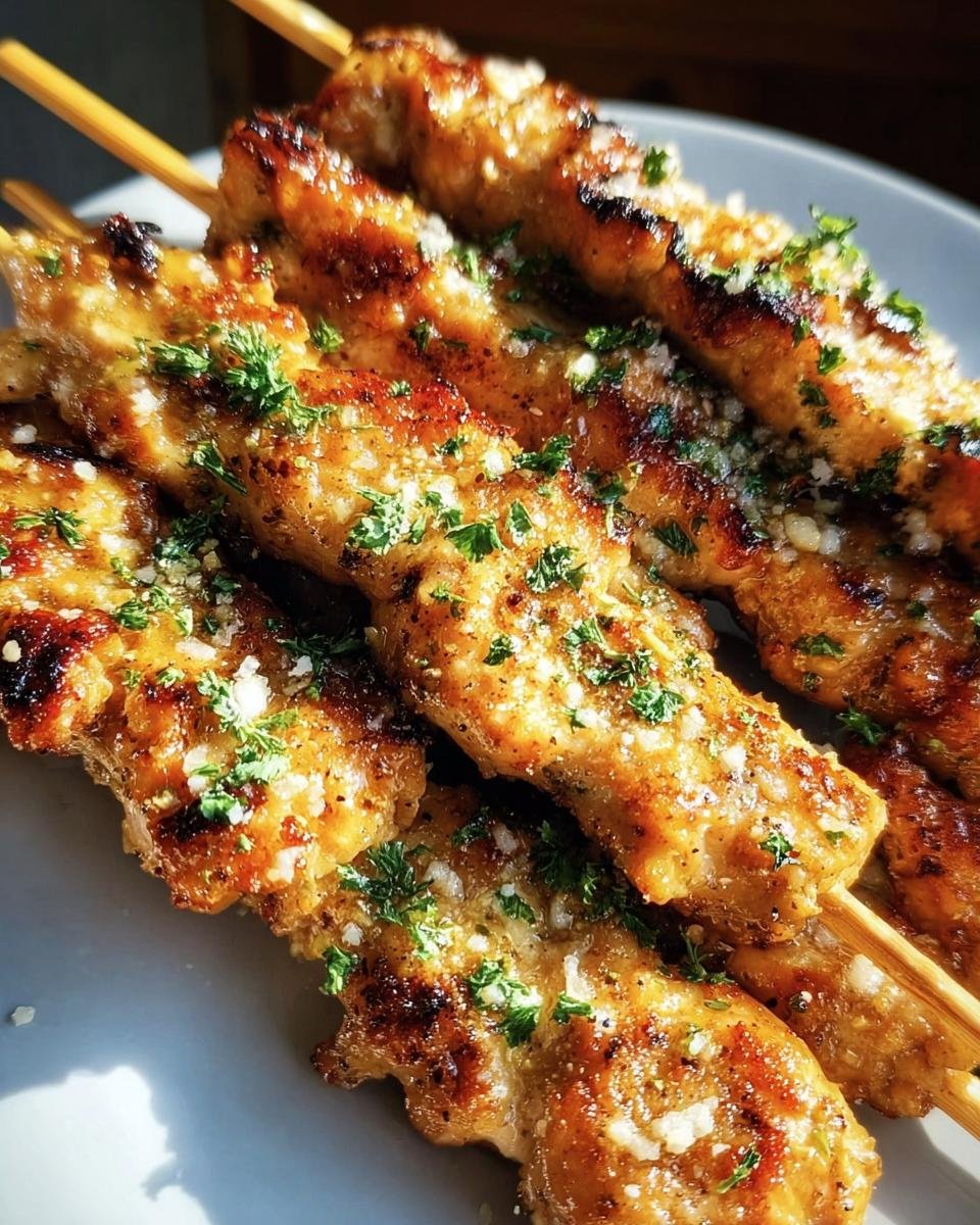 Close-up of Garlic Parmesan Chicken Skewers, grilled and sprinkled with parmesan and herbs.
