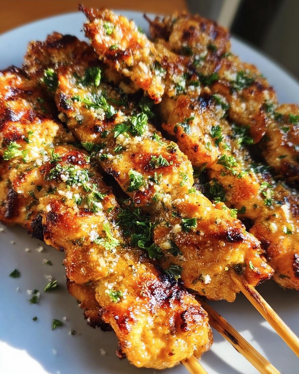 Close-up of Garlic Parmesan Chicken Skewers, grilled and garnished with herbs and parmesan.