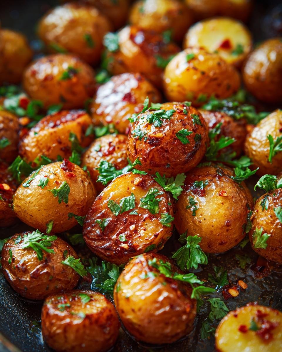 Close-up of Garlic Sauce Baby Potatoes, garnished with fresh parsley and red pepper flakes.