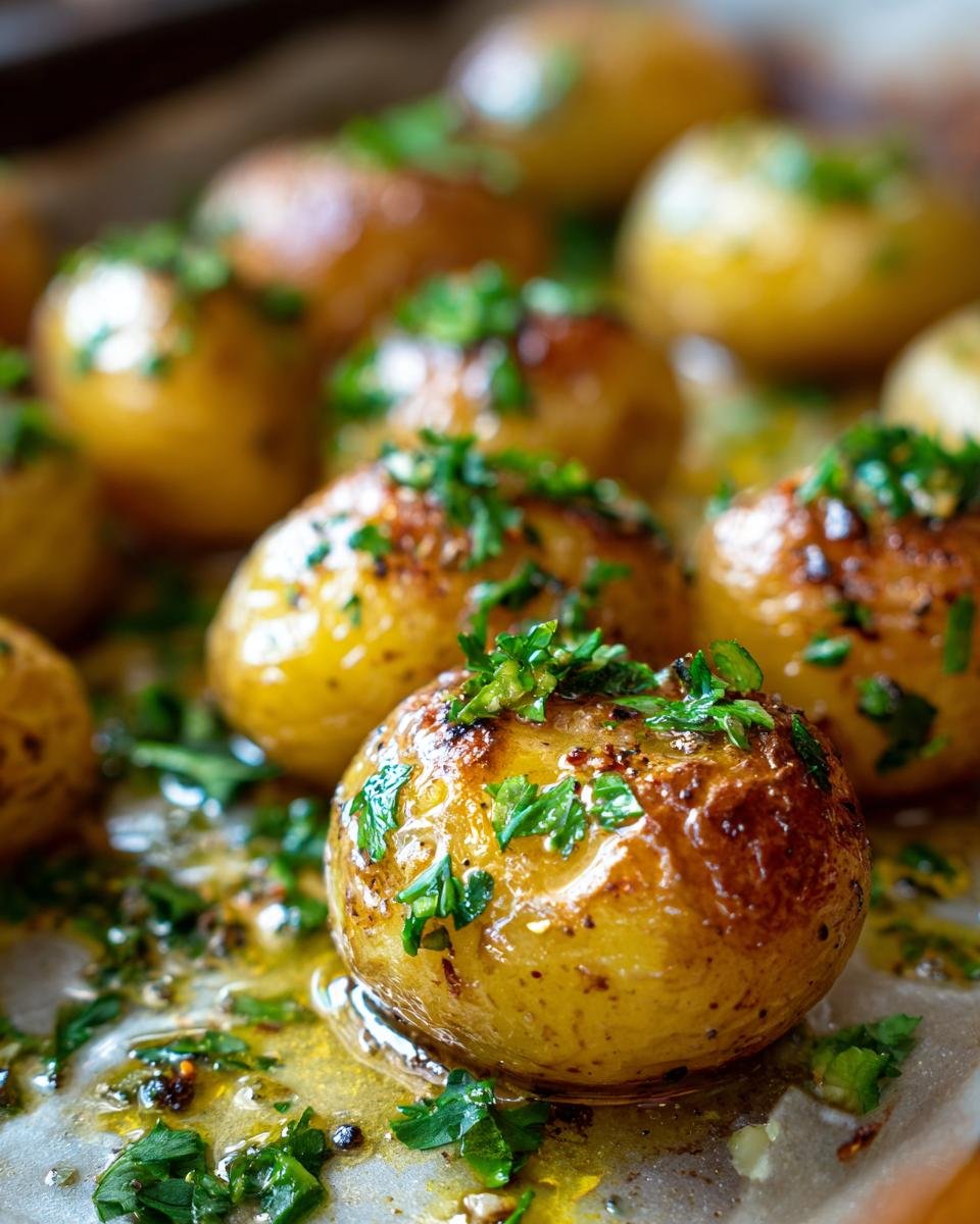 Close up of roasted Garlic Sauce Baby Potatoes, garnished with fresh parsley.
