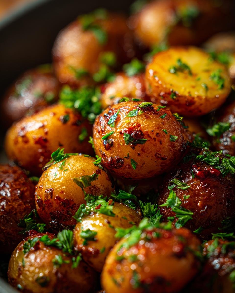 Close-up of Garlic Sauce Baby Potatoes, garnished with fresh parsley, showing their golden-brown color and delicious texture.