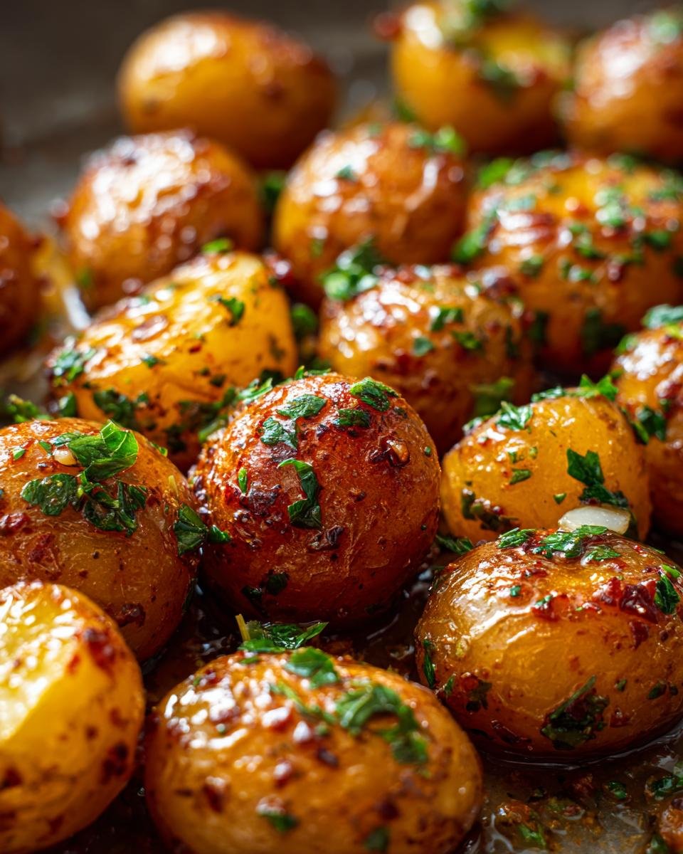 Close-up of Garlic Sauce Baby Potatoes, garnished with fresh herbs and glistening with sauce.
