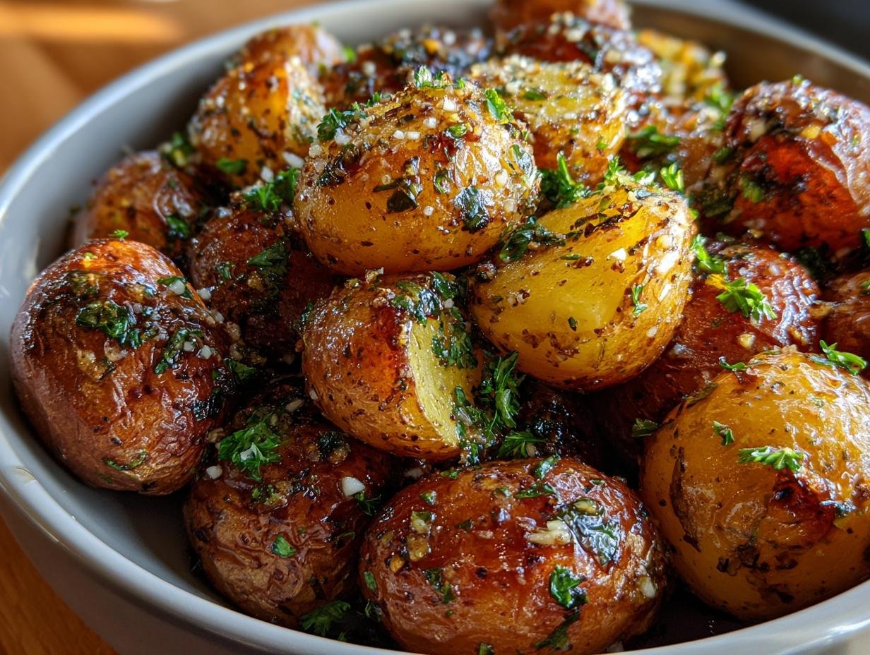Bowl of roasted Garlic Sauce Baby Potatoes, garnished with fresh herbs and garlic.