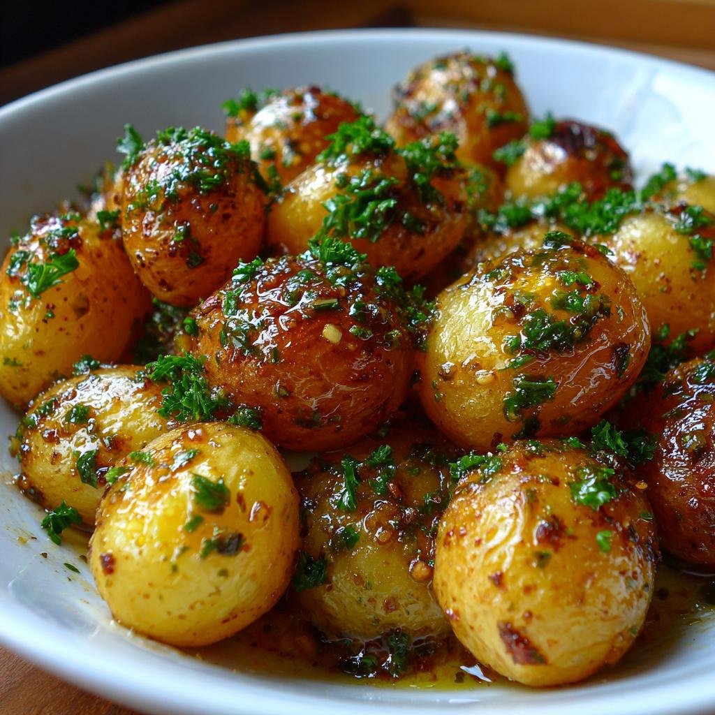 Close-up of Garlic Sauce Baby Potatoes in a bowl, garnished with fresh parsley.