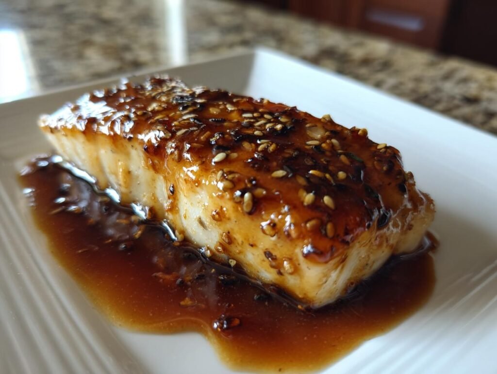 A piece of Ginger Soy Glazed Cod topped with sesame seeds, served on a white plate with glaze.