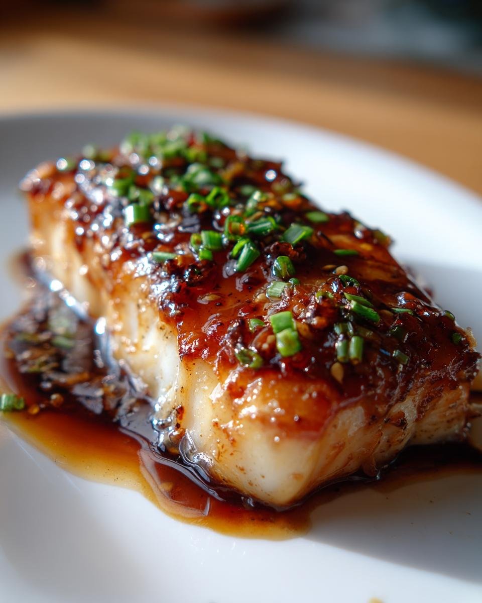 A perfectly cooked piece of Ginger Soy Glazed Cod, topped with fresh chives and glistening with the glaze.