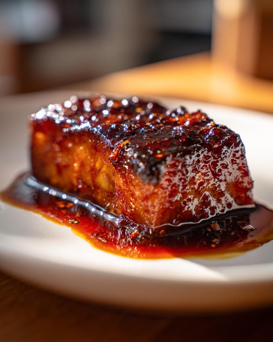 A close-up shot of a piece of Ginger Soy Glazed Cod on a white plate, showcasing the glaze.
