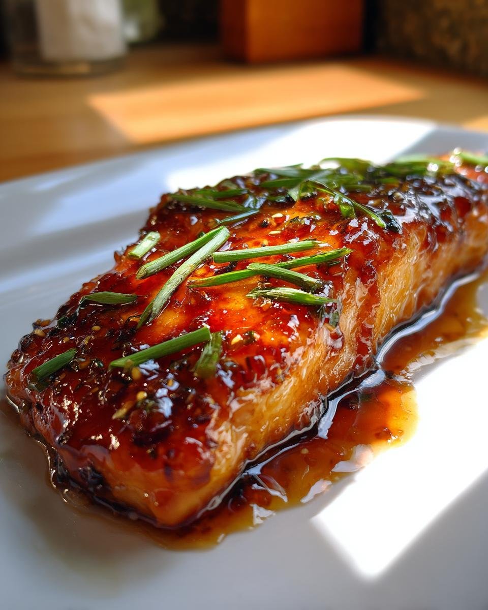 A perfectly cooked fillet of Ginger Soy Glazed Cod, garnished with fresh herbs and glistening with glaze.