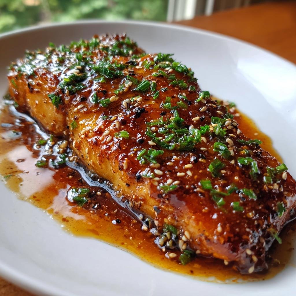 A perfectly cooked Ginger Soy Glazed Cod fillet, garnished with sesame seeds and herbs.