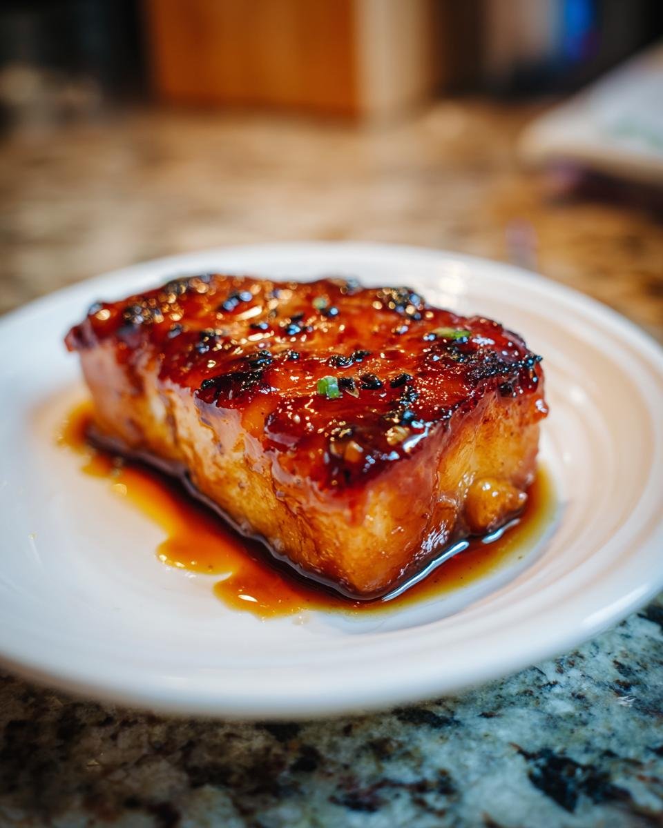 Close-up of a piece of Ginger Soy Glazed Cod on a white plate, glistening with glaze.