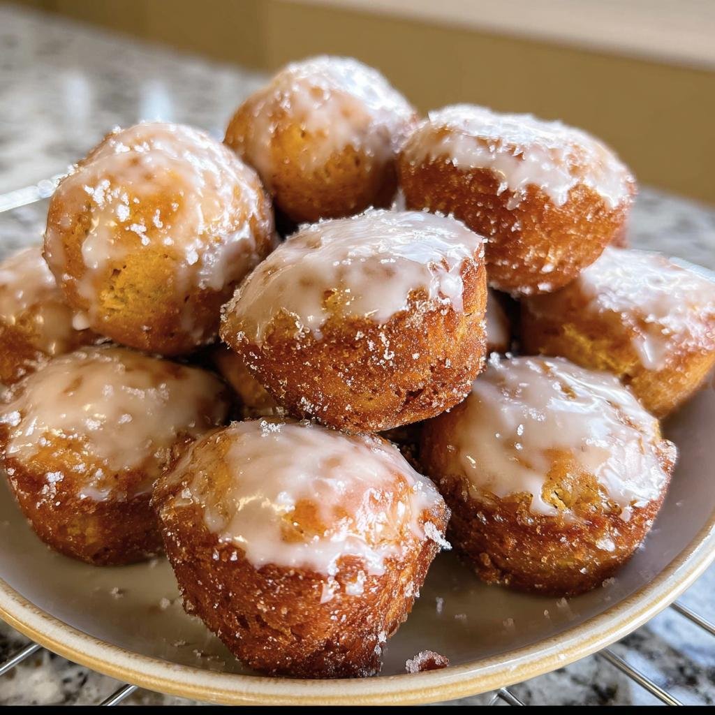 A stack of glazed pumpkin donut holes on a plate, perfect for a fall treat.
