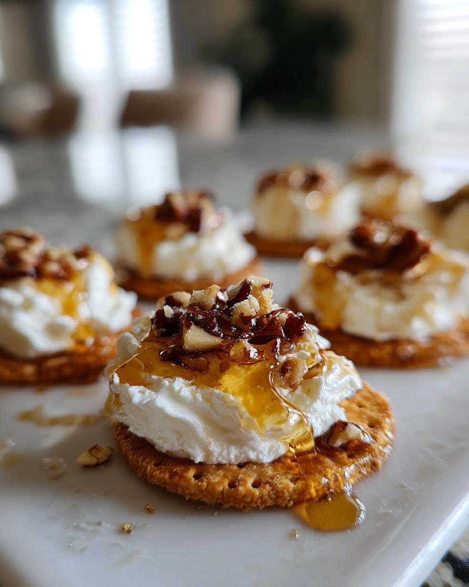 Close-up of Goat Cheese & Honey Bites on crackers, topped with nuts and drizzled with honey.