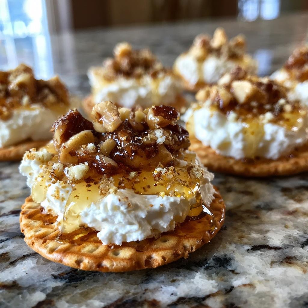 Close-up of Goat Cheese & Honey Bites on crackers, topped with nuts and a drizzle of honey.