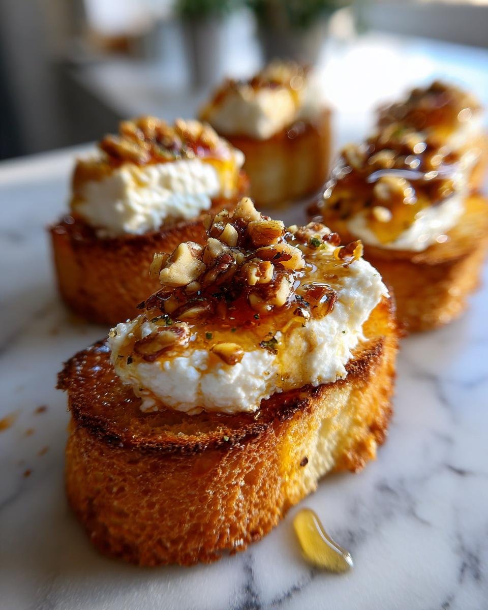 Close-up of Goat Cheese & Honey Bites on toasted bread, topped with nuts and a drizzle of honey.