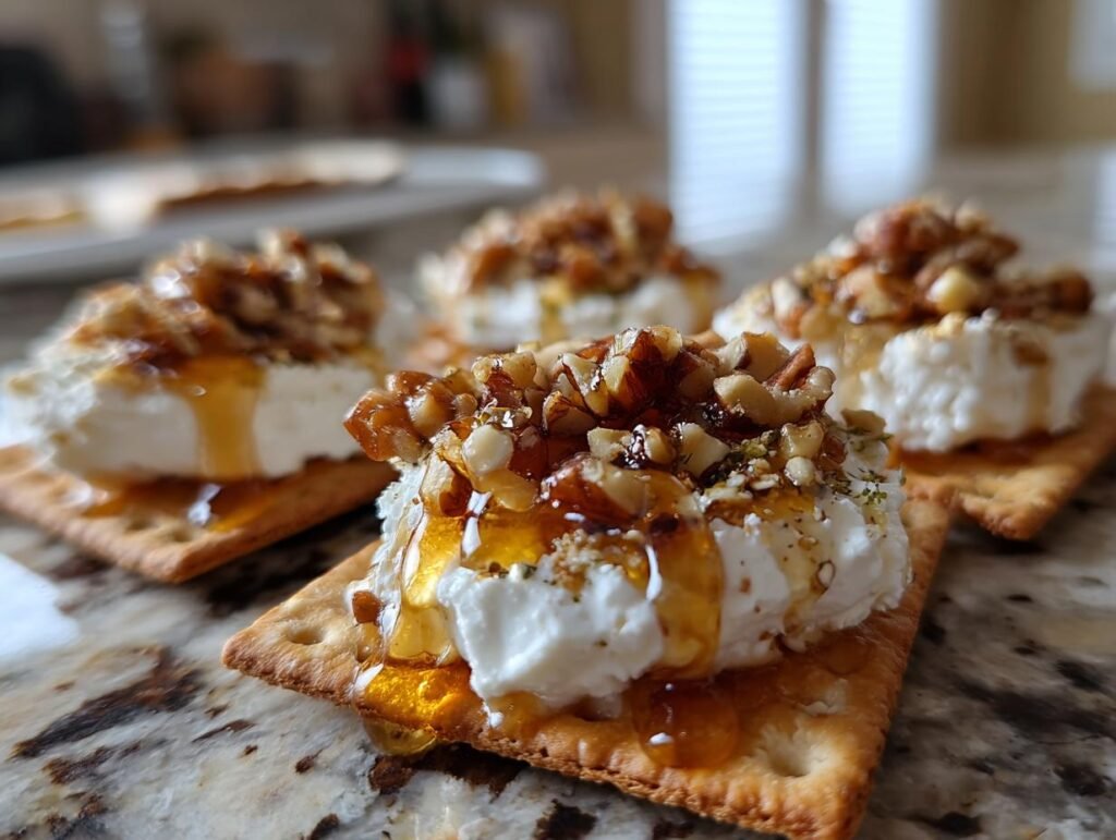 Close-up of Goat Cheese & Honey Bites on crackers, topped with nuts and a drizzle of honey.