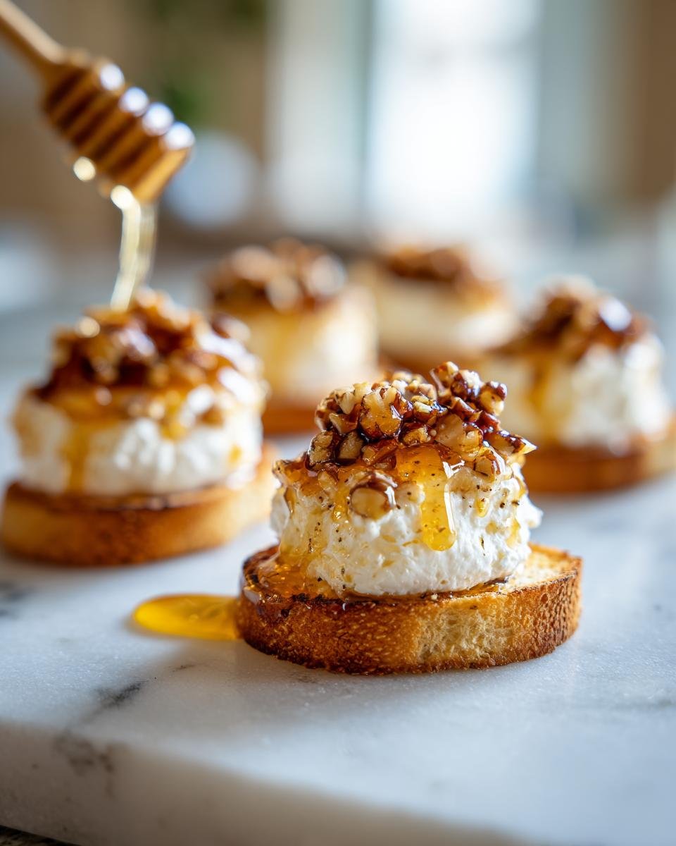 Close-up of Goat Cheese & Honey Bites on toasted bread, topped with walnuts and drizzled with honey.