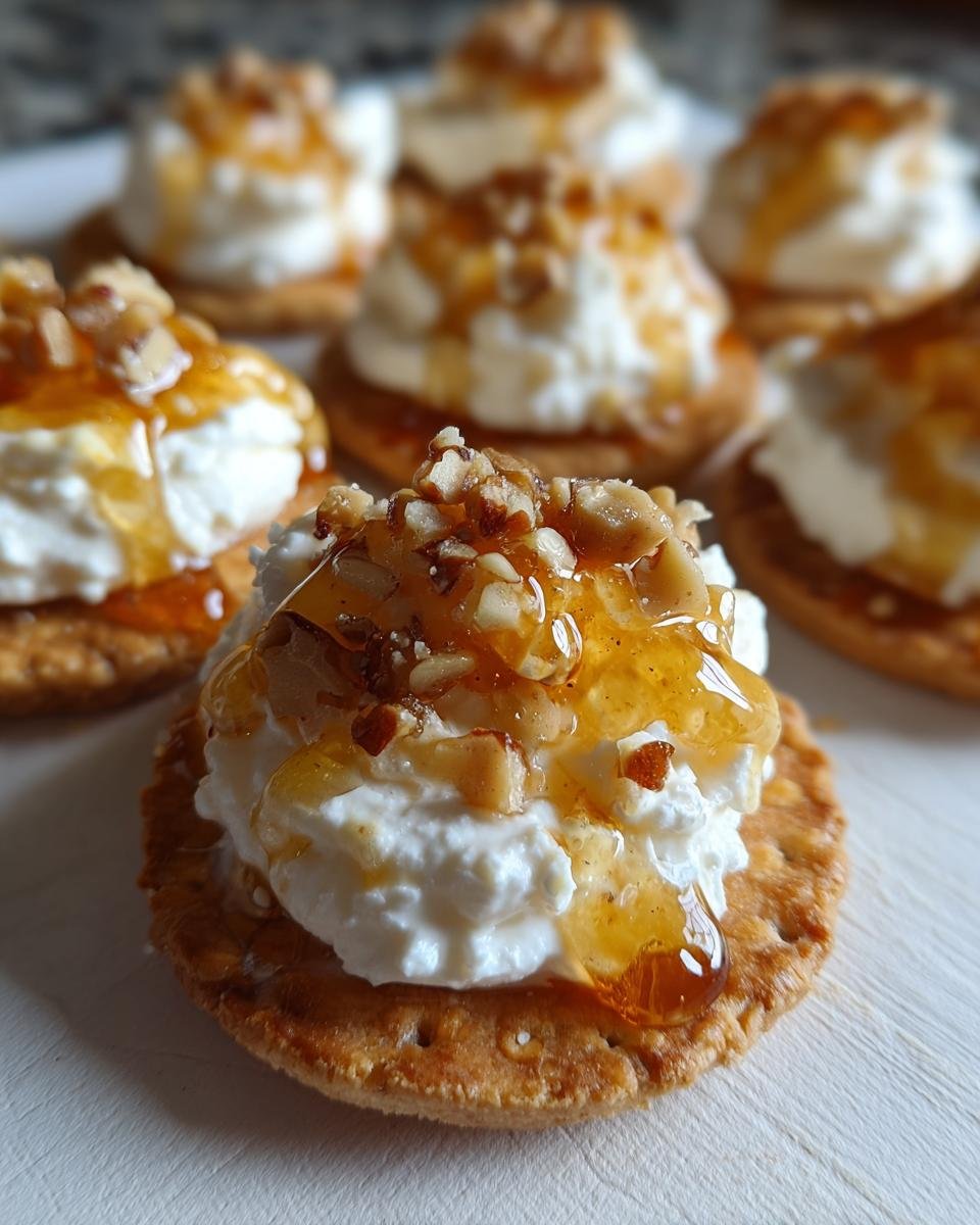 Close-up of Goat Cheese & Honey Bites on crackers, topped with nuts and a drizzle of honey.