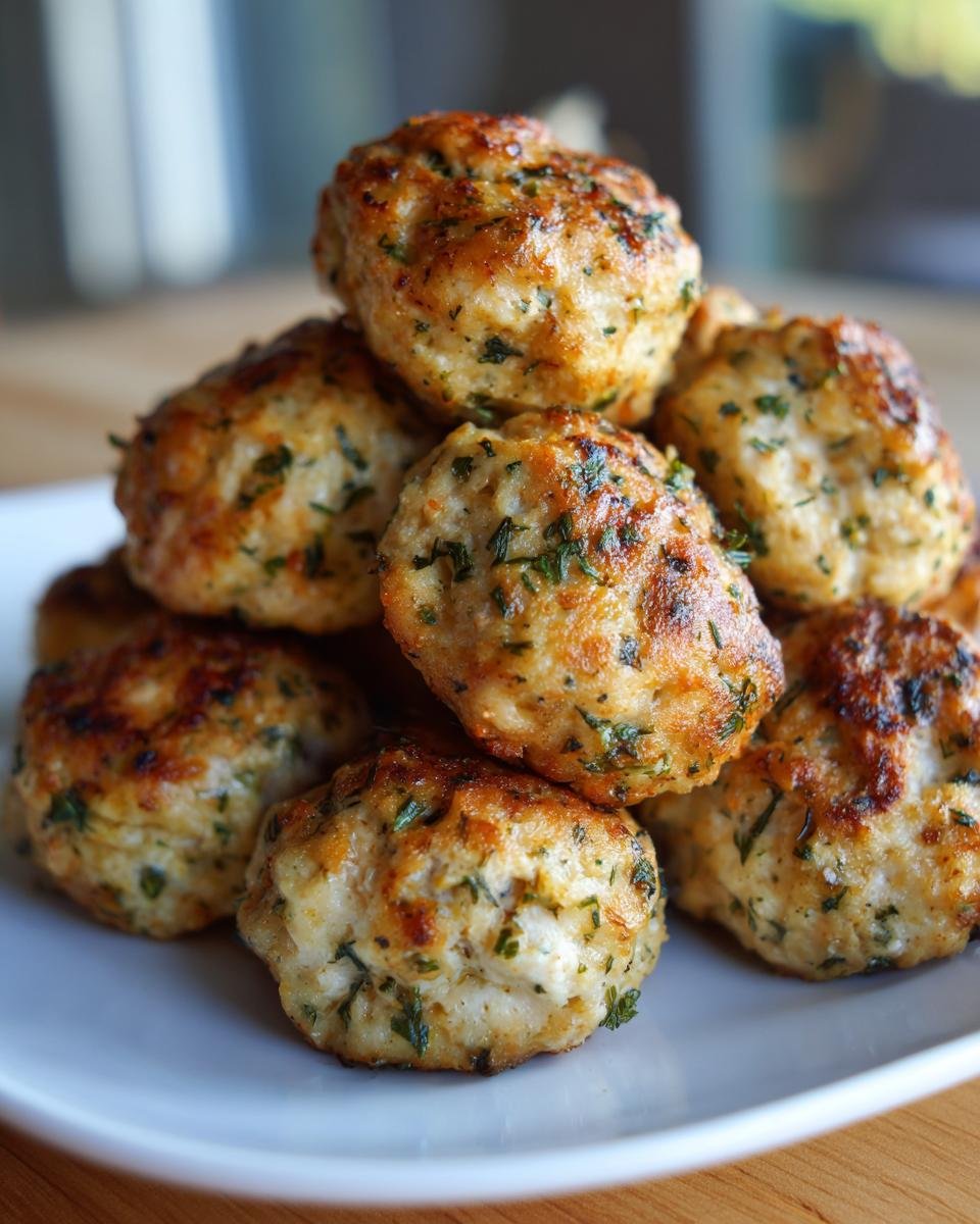 A stack of freshly cooked Greek Chicken Meatballs, seasoned with herbs, on a white plate.