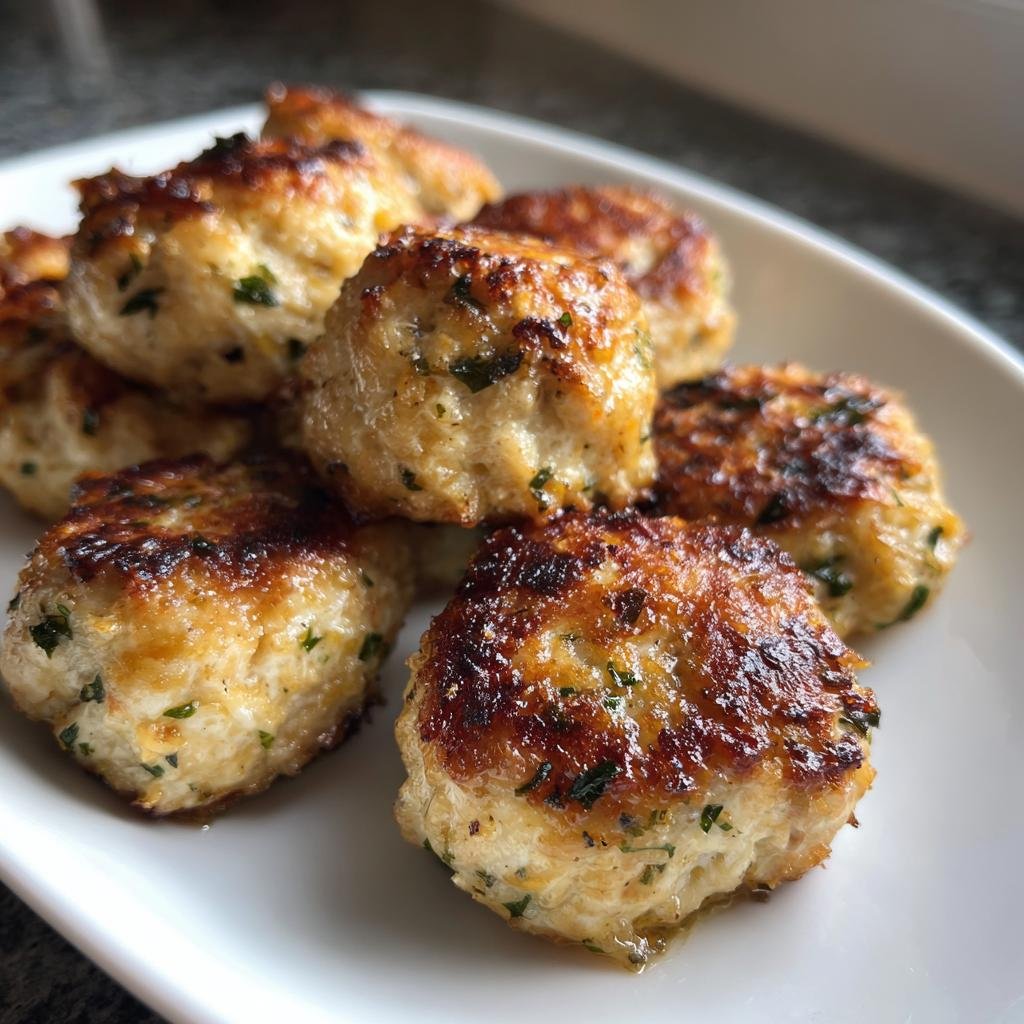 A plate of freshly cooked Greek Chicken Meatballs, browned and garnished with herbs.