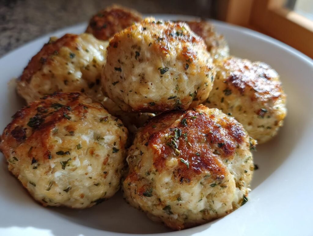 Close-up of a plate of golden brown Greek Chicken Meatballs seasoned with herbs.