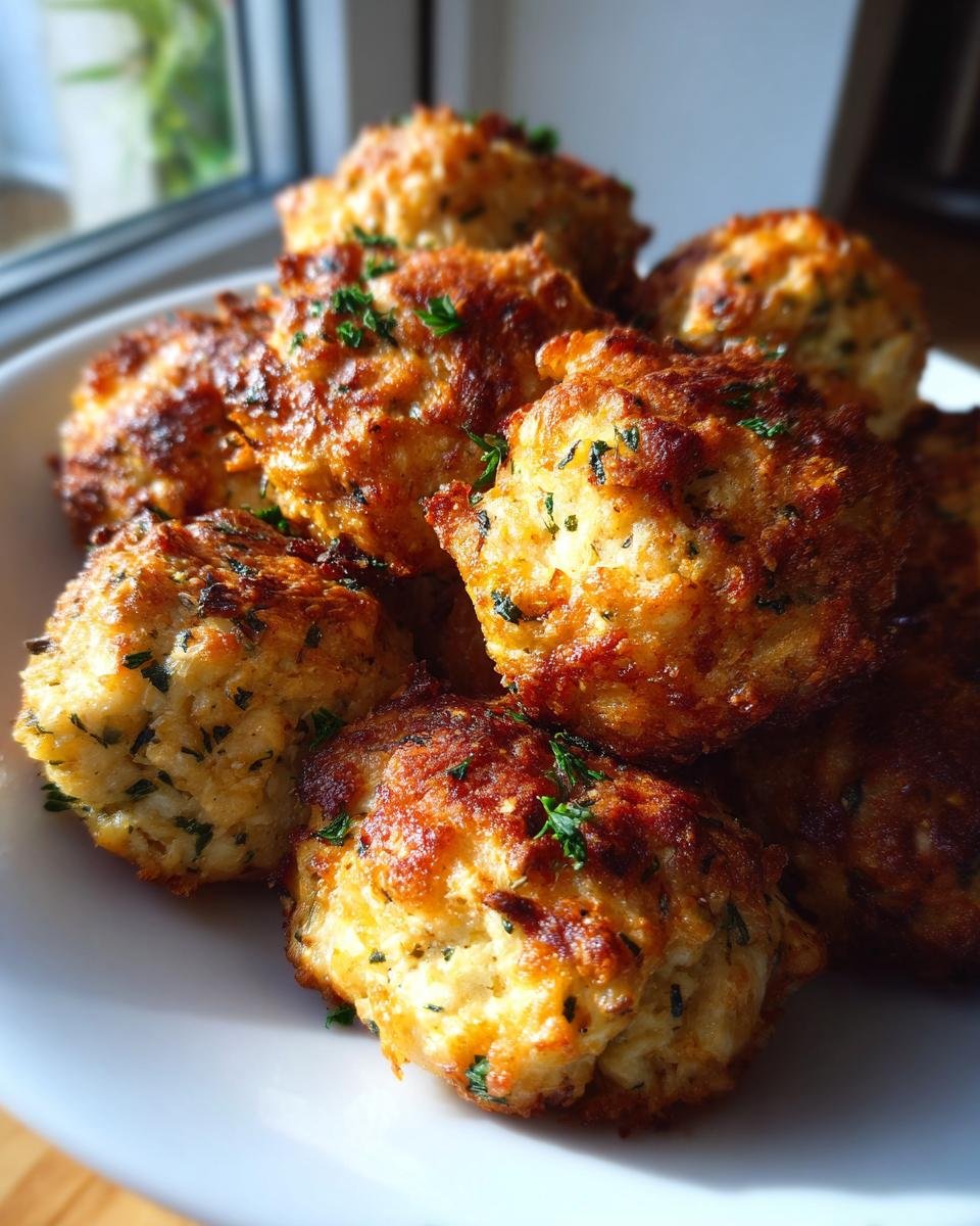 A plate of golden-brown Greek Chicken Meatballs, garnished with herbs, ready to be served.
