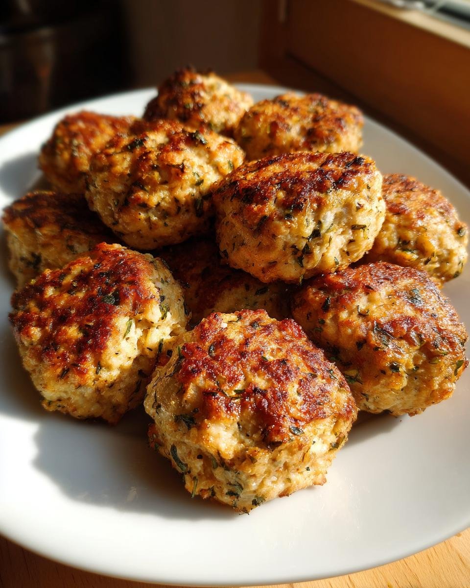 A plate of golden brown Greek Chicken Meatballs, seasoned with herbs and ready to serve.