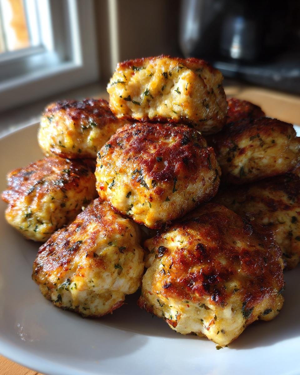 A stack of golden brown Greek Chicken Meatballs on a white plate, ready to be served.