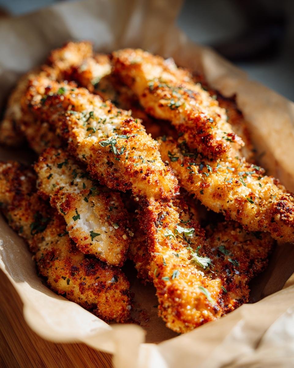 A close-up of golden brown, crispy Greek Chicken Tenders seasoned with herbs, served on parchment paper.