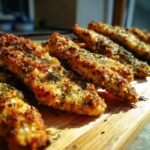 Close-up of golden brown Greek Chicken Tenders seasoned with herbs, arranged on a wooden cutting board.