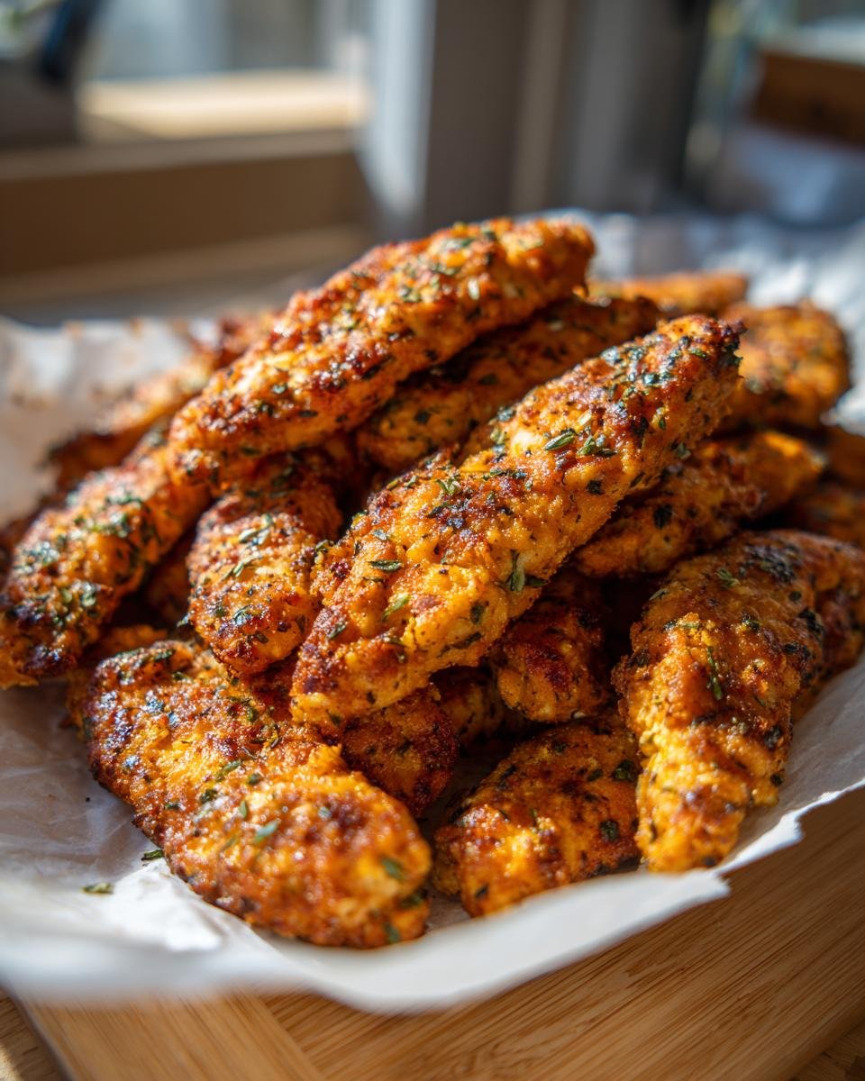 A generous pile of golden-brown Greek Chicken Tenders, seasoned with herbs, on parchment paper.