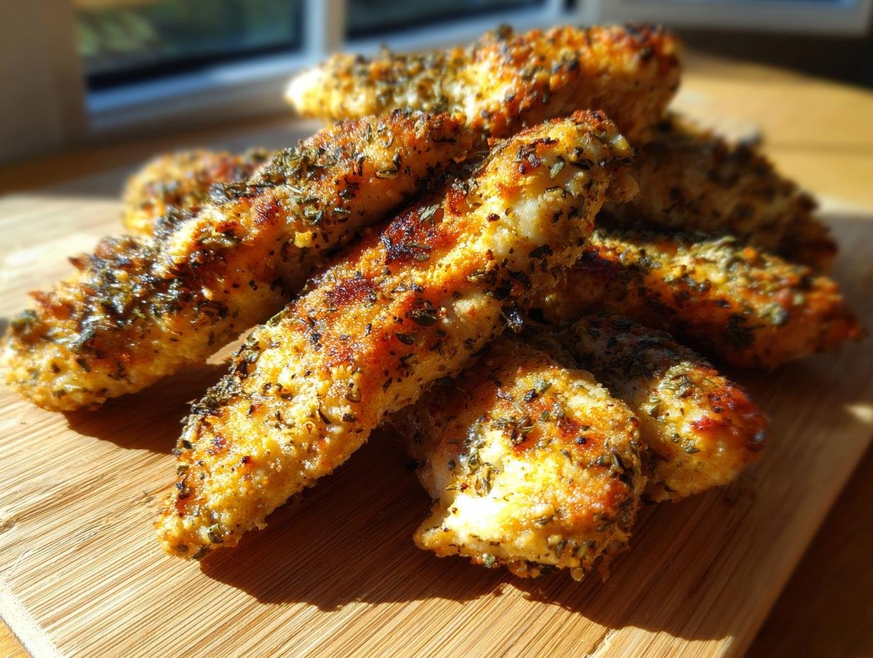 A pile of golden-brown Greek Chicken Tenders seasoned with herbs, sitting on a wooden cutting board.