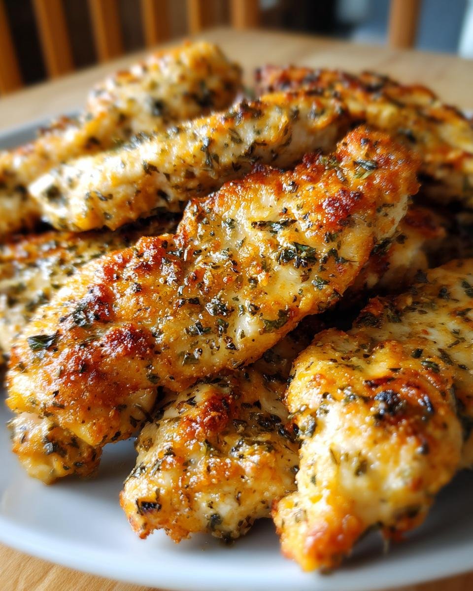 A close-up of a plate piled high with golden brown, herb-crusted Greek Chicken Tenders.