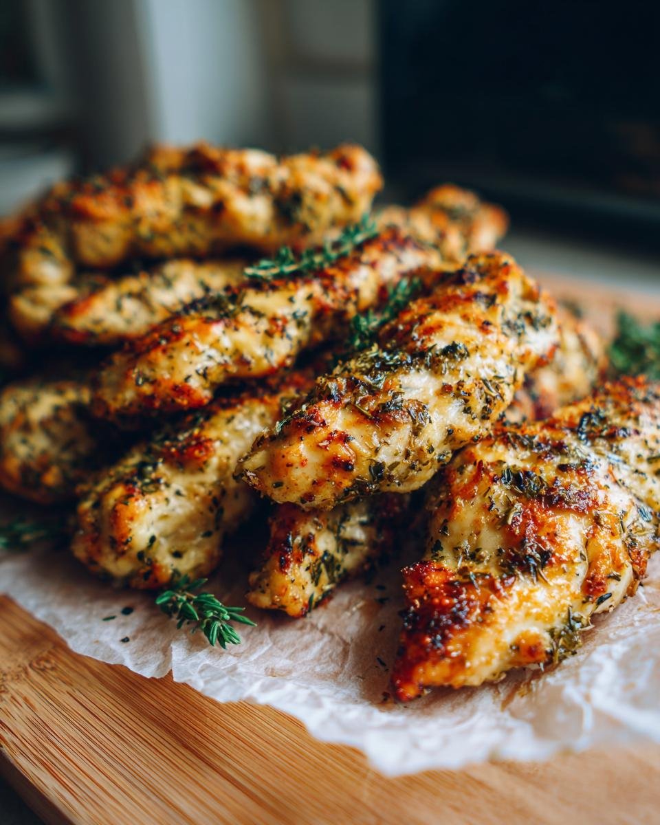 A pile of golden-brown Greek Chicken Tenders seasoned with herbs, served on parchment paper over a wooden board.