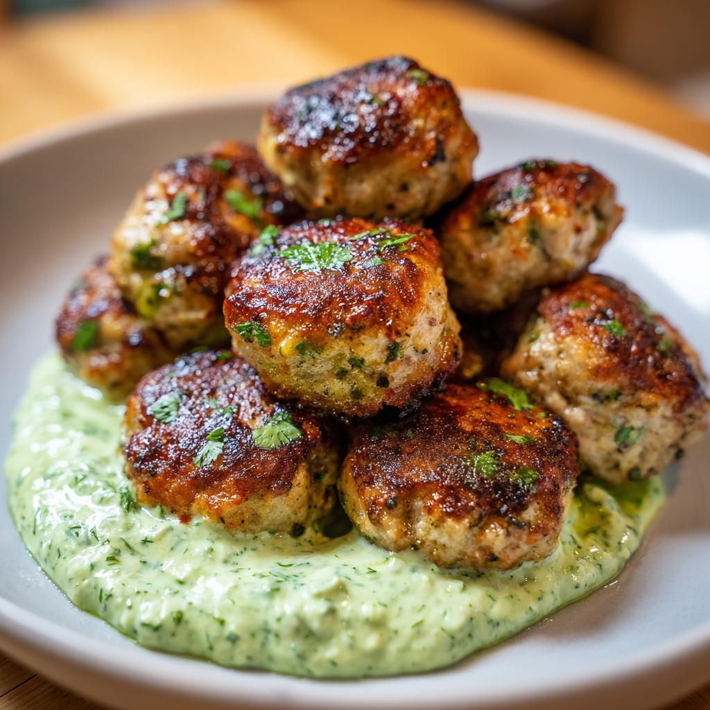 A stack of Greek Turkey Meatballs served on a bed of creamy Tzatziki sauce, garnished with fresh herbs.