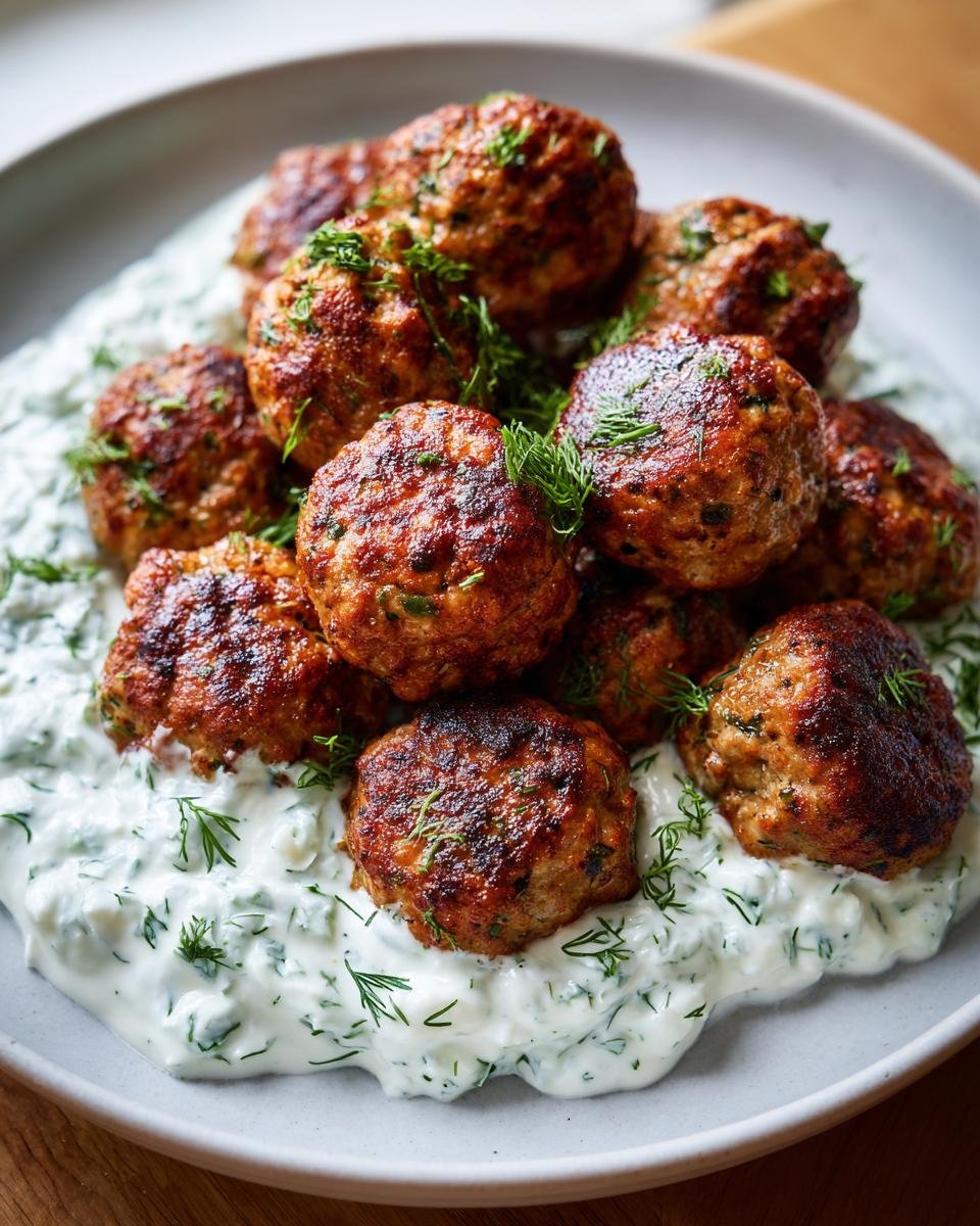 A plate of Greek Turkey Meatballs with Tzatziki sauce, garnished with fresh dill.