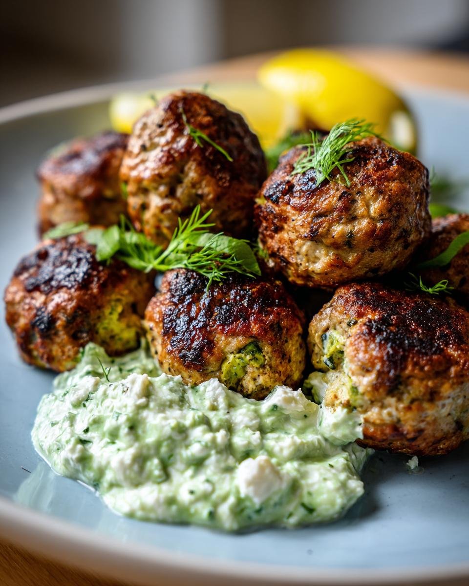 A plate of Greek Turkey Meatballs with Tzatziki sauce, garnished with dill and lemon wedges.