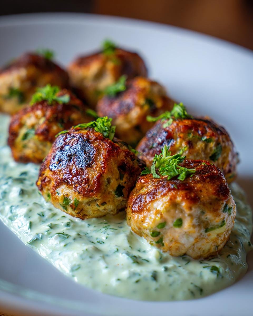 A plate of delicious Greek Turkey Meatballs with Tzatziki sauce, garnished with fresh parsley.