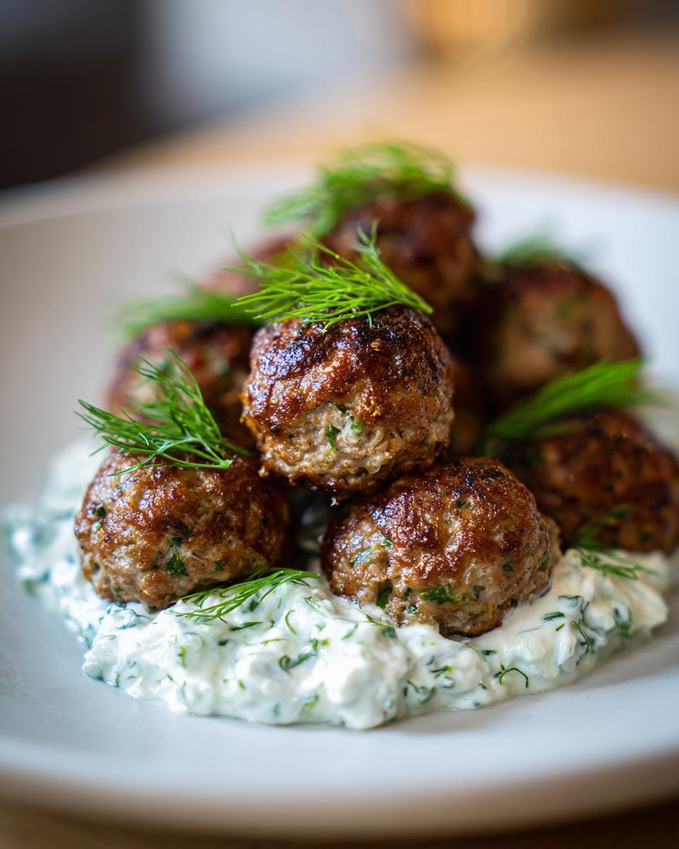 A stack of Greek Turkey Meatballs with Tzatziki sauce, garnished with fresh dill.