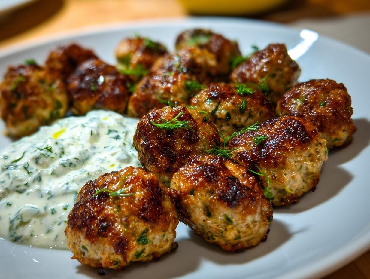 A plate of Greek Turkey Meatballs with Tzatziki sauce, garnished with dill.